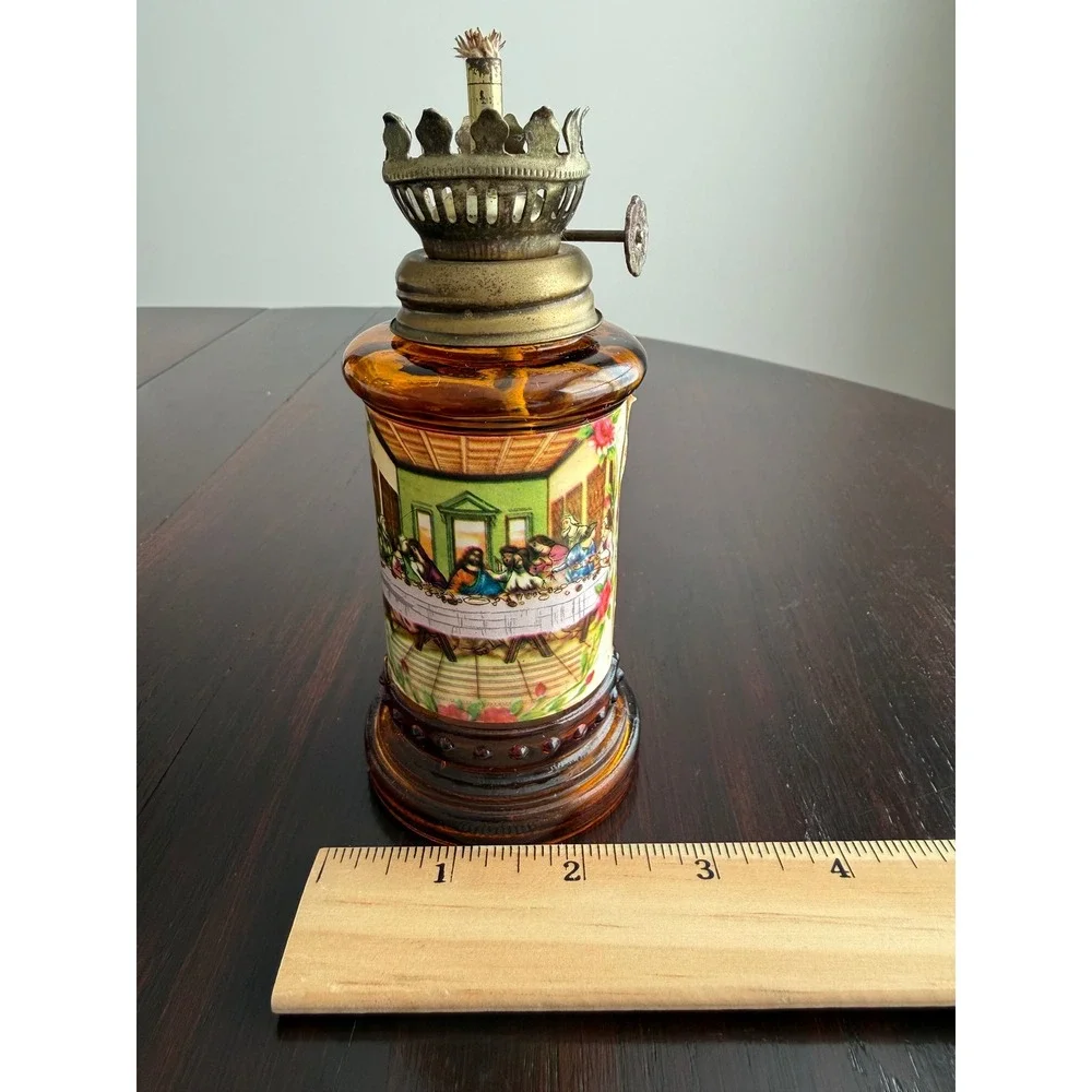 Vintage Amber Glass Miniature‎ Oil Lamp The Last Supper Religious Lantern 6 inch